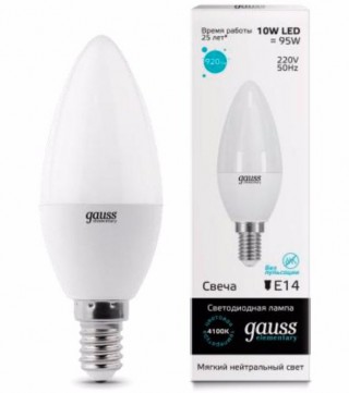 Лампа Gauss LED Elementary 10W 33120 4100K E14 свеча