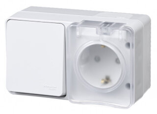 SE AtlasDesign Белый Profi54 Блок: Розетка  с/з, шторками 16А, выключатель 1-кл. 10А IP54