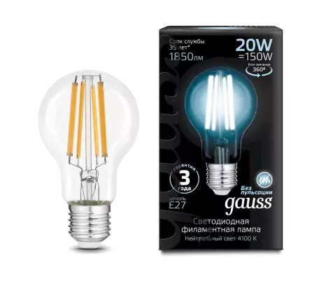 Лампа Gauss LED Filament A60 20W 102902220 4100K E27