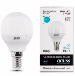 Лампа Gauss LED Elementary 10W 53120 4100K E14 шар