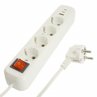 Удлинитель 4-местный с/з с выключ. STEKKER HM071-41-05 3x1мм2, 5м, 250В, 16А, 1USB+2C, 2.4A, сер Home, белый 50141